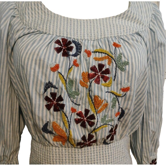 Anthropologie Women's Small Embroidered Smocked Crop Top Cotton Elastic Waist - Picture 4 of 16